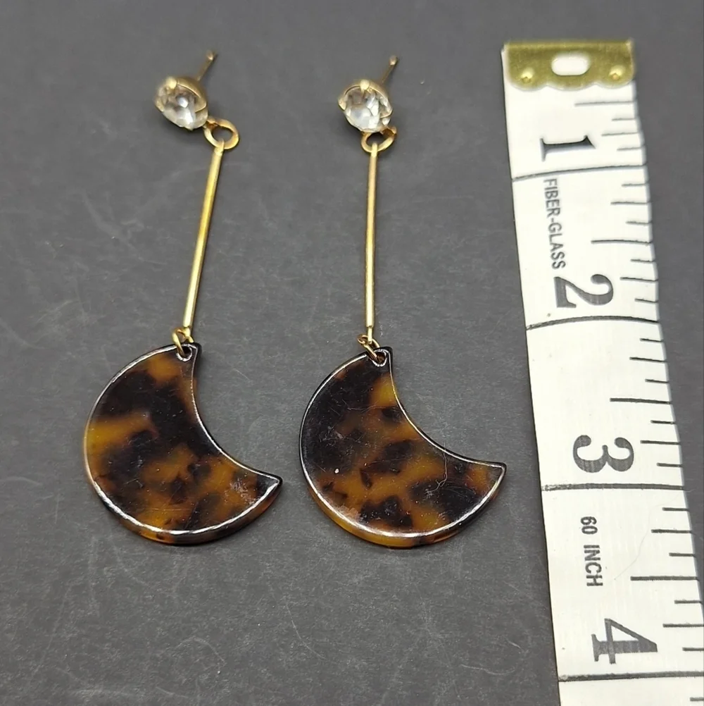 Tortoiseshell Crescent Moon Drop Earrings – Crystal Stud Top